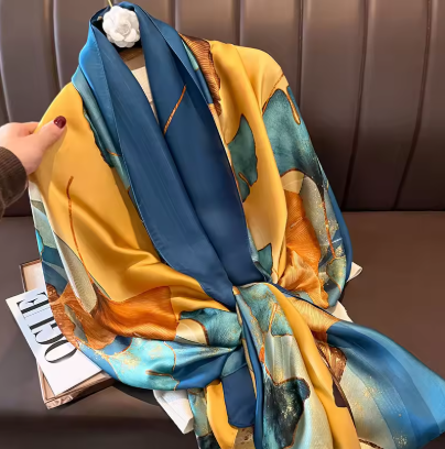 Luxury Silk Smooth Scarf Soft Headband Shawl - Blue & Gold Artistic Design