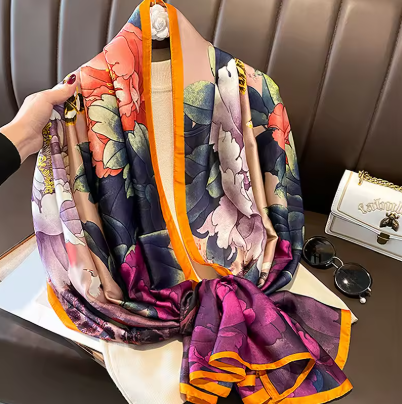 Luxury Silk Smooth Scarf Soft Headband Shawl - Floral Purple & Orange Border Design