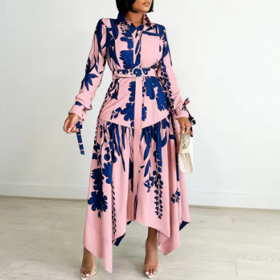 Autumn Print Irregular A-line Dress with Belt