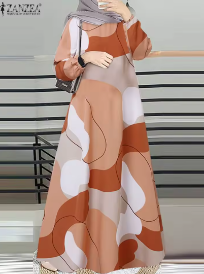 Long Sleeve Printed Loose Abaya Dress
