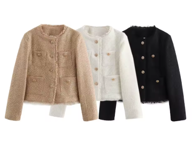 Elegant Short Coat with Metal Buttons & Pockets