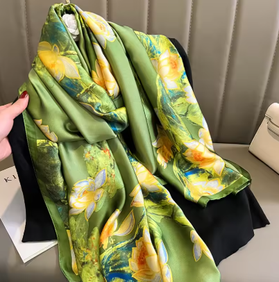 Luxury Silk Smooth Scarf Soft Headband Shawl - Green & Yellow Floral