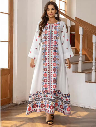 Eid Muslim Abaya Dress with Beading and Print