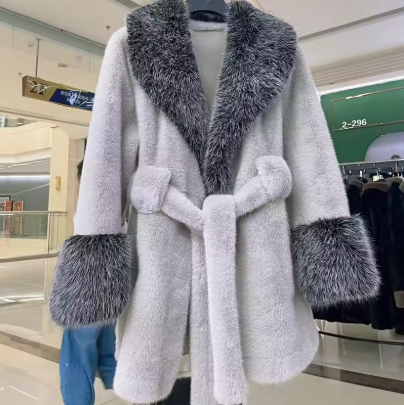 Luxury Oversized Plush Jacket with Fur Collar, Belt & Long Sleeves
